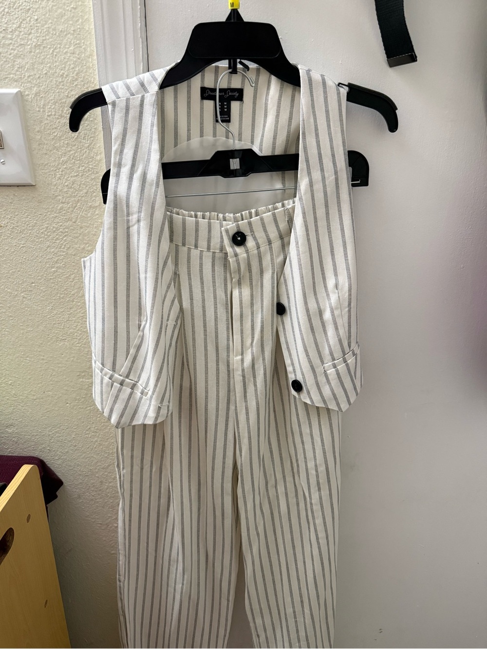 Streetwear Society Cream and Gray Striped Pantsuit with Vest